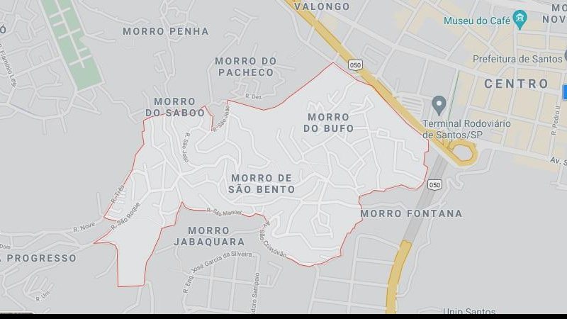 Morro fica próximo à região central da cidade Mapa - Cobra venenosa aparece em morro de Santos e assusta moradores - Imagem: Reprodução / G. Maps