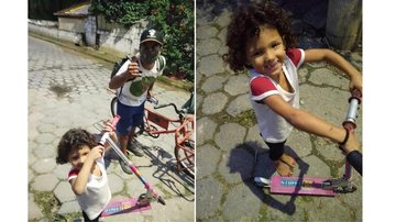 Treyci com seu novo patinete ao lado de Giliard Ferreira - Foto: Divulgação Guardião da Costeira