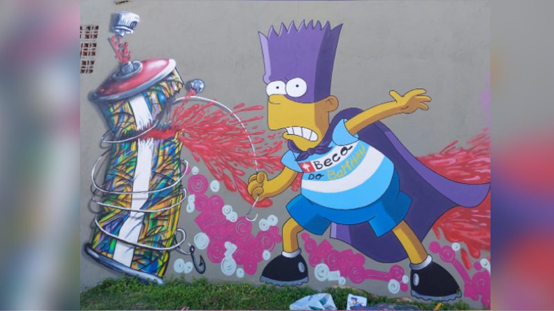 Pintura inspirada no conhecido ‘beco do Batman’, em São Paulo (SP), mas com personagens do Simpsons, entre outras figuras da cultura do município - Foto: Divulgação/Tiano Mendes