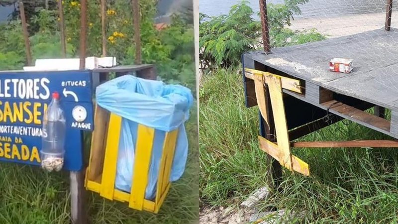 Lixeira destruída em praia da região norte de São Sebastião - Foto: Psicoletores São Sebastião-SP