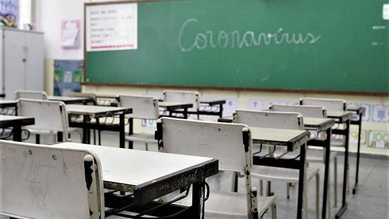Sala de aula vazia, escrito "coronavírus" na lousa Doria anuncia que escolas poderão voltar a funcionar com 100% da capacidade no próximo semestre - Reprodução/Rede Brasil