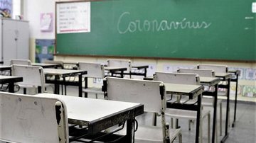 Sala de aula vazia, escrito "coronavírus" na lousa Doria anuncia que escolas poderão voltar a funcionar com 100% da capacidade no próximo semestre - Reprodução/Rede Brasil