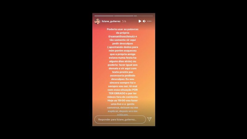 Socialite afirmou que seus xingamentos foram tirados de contexto e prometeu se pronunciar em breve Liziane - Assista: socialite xinga policiais durante blitz em festa clandestina com ingresso a R$ 1.600, em São Paulo - Instagram: Liziane Gutierrez