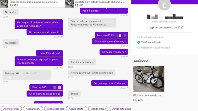 Policiais realizavam diligências quando foi abordada por uma vítima, que teve sua bicicleta furtada no último dia 21 Homem vende bicicleta roubada na internet e é preso em flagrante em Santos Prints da conversa entre o homem e o interessado em comprar a bi - Divulgação/Polícia Civil