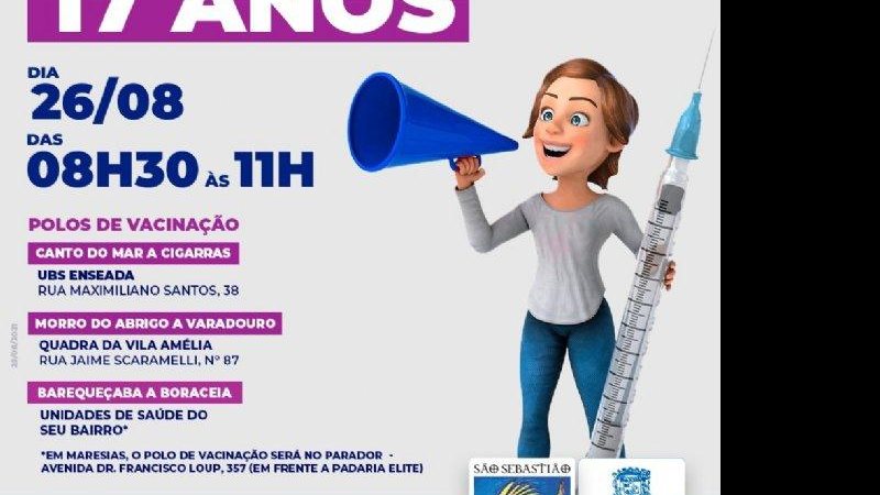 Campanha de vacinação São Sebastião inicia vacinação contra covid-19 em jovens de 17 anos Campanha de vacinação para jovens de 17 anos - Divulgação/Prefeitura de São Sebastião