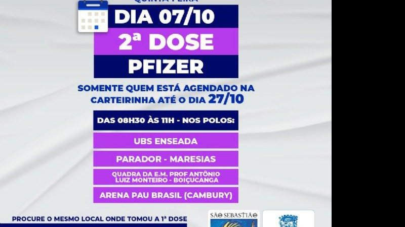 Antecipa vacinação da segunda dose São Sebastião antecipa vacinação da segunda dose para agendados até dia 27 de outubro Antecipa vacinação da segunda dose em São Sebastião - Divulgação/Prefeitura de São Sebastião