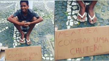 Jovem sonha em comprar chuteira e arrecada com simplicidade e paciência  Jovem com uma placa escrita "me ajuda a comprar uma chuteira" - Arquivo Pessoal