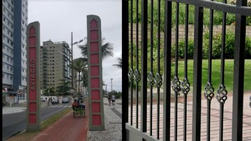 Portal do bairro Aviação, em Praia Grande; e imagem ilustrativa de portão Casa de feirante amanhece furtada logo após 3 suspeitos rondarem local em Praia Grande (SP) - Imagens: Portal Aviação / Google Street View / Leandro Miranda / Portão: istock