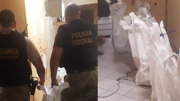 Oficiais da Guarda Portuária e da Polícia Federal fizeram a apreensão das drogas Homens com quase 200 kg de cocaína em contêiner são presos em Santos Agentes policiais realizando a apreensão dos entorpecentes - Divulgação/Polícia Federal