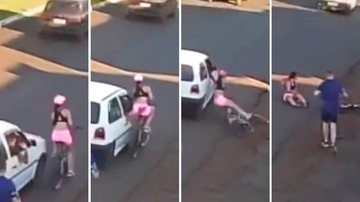 Montagem que mostra momento em que universitária Andressa Lustosa sofre violência sexual, perde o equilíbrio e cai da bicicleta que pedalava. "Nós, mulheres, não temos um minuto de paz", lamentou Homem dentro de carro passa a mão em mulher e provoca aciden - Imagem: reprodução / @Andressalustosa