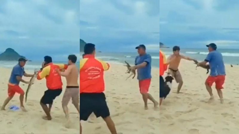 Homem sacou jacaré durante briga em praia do Rio Homem usa jacaré como arma durante briga em praia do Rio; Vídeo - Imagem: reprodução / Twitter / @ Rodrigo (Palito) Cebrian