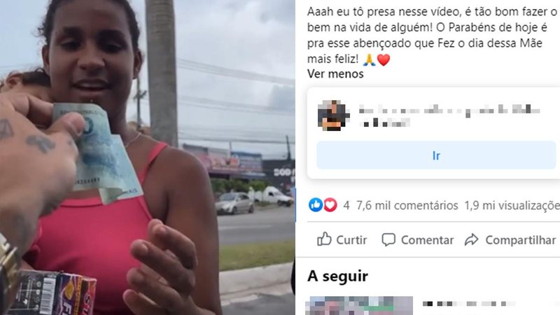 Mulher se emocionou ao ser surpreendida com doação do motorista Homem doa R$ 100 para mãe com filha no semáforo e repercute nas redes sociais | VÍDEO Mulher recebendo nota de R$ 100 durante ato de solidariedade - Divulgação/Facebook