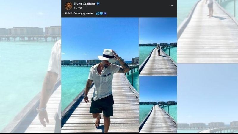 Ator que estava nas Ilhas Maldivas diverte os internautas dizendo que estava no litoral paulista Ator Bruno Gagliasso passa férias em Mongaguá; será? Foto de Bruno usando chapéu e pousando em passarela sob o mar - Reprodução FaceBook