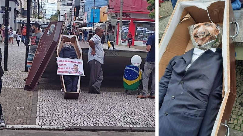 Exposto na Praça da Marisa, no Centro de Mogi das Cruzes, caixão com o rosto do prefeito gerou polêmica na web Com clima de Halloween, protesto 'macabro' contra prefeito de Mogi recebe críticas nas redes sociais Caixão com boneco exposto em uma praça no ce - Divulgação/Mogi Interativa