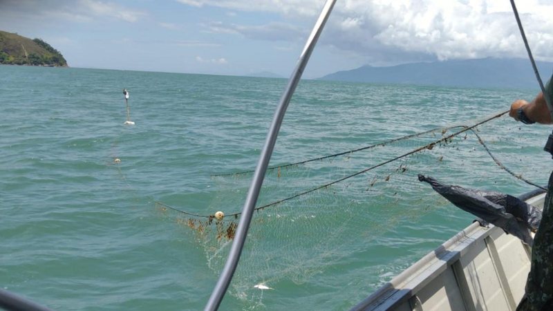 Material foi apreendido durante patrulhamento nesta terça-feira (6) Mais uma rede de pesca irregular é apreendida no litoral de SP Rede de 195 metros sendo apreendida por autoridades policiais - Divulgação/Polícia Militar Ambiental