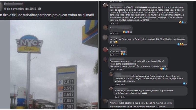 Gasolina a R$ 3,60 volta à tona e viraliza na internet Gasolina a R$ 3,60 volta à tona e viraliza na internet: 'Parabéns para quem votou na Dilma' - Imagens: Reprodução Face Book