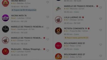 Nomes de restaurantes alterados para termos de apio a Bolsonaro, bordões negacionistas como "Vacina mata", e insultos a figuras públicas da esquerda Capa - “Não há indícios de vazamento”, garante Ifood após nomes de restaurantes serem alterados - Imagem: reprodução / web