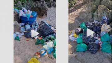 Em cerca de um minuto, mulher flagrou cinco pilhas de lixo e até uma geladeira Capa - Após feriadão, praia deserta em Guarujá amanhece com montanha de lixo; Assista - Imagem: Reprodução / Passeios de Lancha Yolo@Instagram