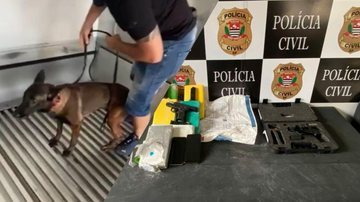 Cão farejador auxilia em operação da Polícia Civil  Cão e policial e ao lado as drogas e armas apreendidas - Divulgação