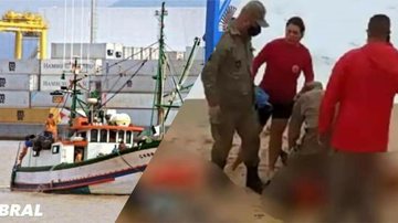 Pescadores falecem após colisão de embarcação com rocha  Embarcação branca de pesca e ao lado a foto dos corpos - Reprodução