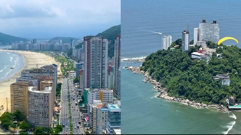 Nos vídeos é possível ver a natureza, as praias, os prédios, a Ilha Porchat e diversas belezas, além de outros atletas também voando Imagens de Santos e São Vicente vistas de cima são um espetáculo Imagens aéreas de Santos e São Vicente - Reprodução Facebook/Marcos Paoli