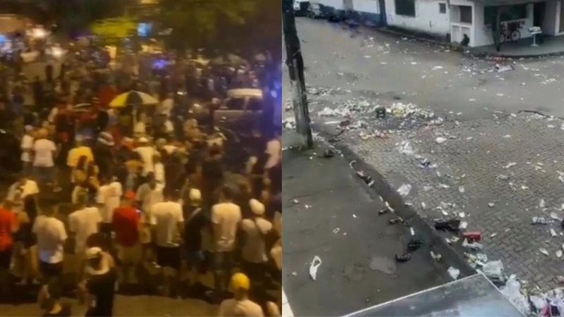 Normalmente a empresa responsável pela limpeza da rua chega na rua da feira por volta da 13h para realizar a limpeza após a feira livre Baile funk São Vicente Lado direto uma foto do baile funk e ao lado esquerdo uma foto do lixo deixado na rua - Reprodução