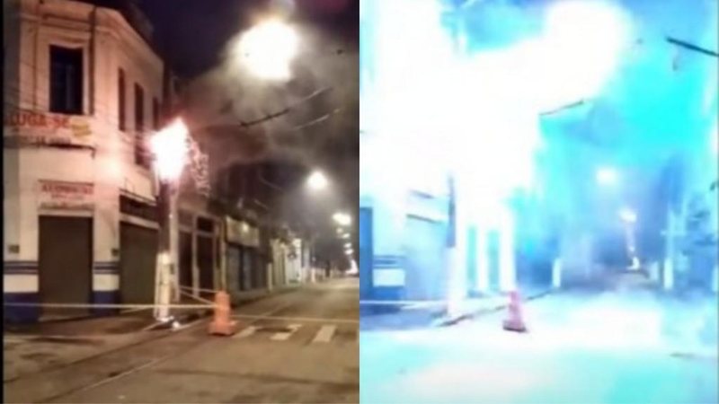 As causas do curto-circuito estão sendo investigadas Poste explodindo em Santos Poste entrando em curto e explodindo - Reprodução