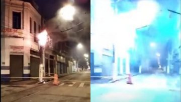 As causas do curto-circuito estão sendo investigadas Poste explodindo em Santos Poste entrando em curto e explodindo - Reprodução