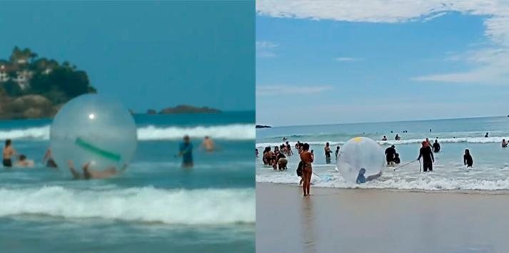 Nova 'febre' do verão Ubatubense são as bolhas aquáticas que são alugadas a R$ 20 por sete minutos; divertimento no mar aberto divide opiniões Bolhas aquáticas aquaball na praia - Reprodução Ubatuba (oficial)