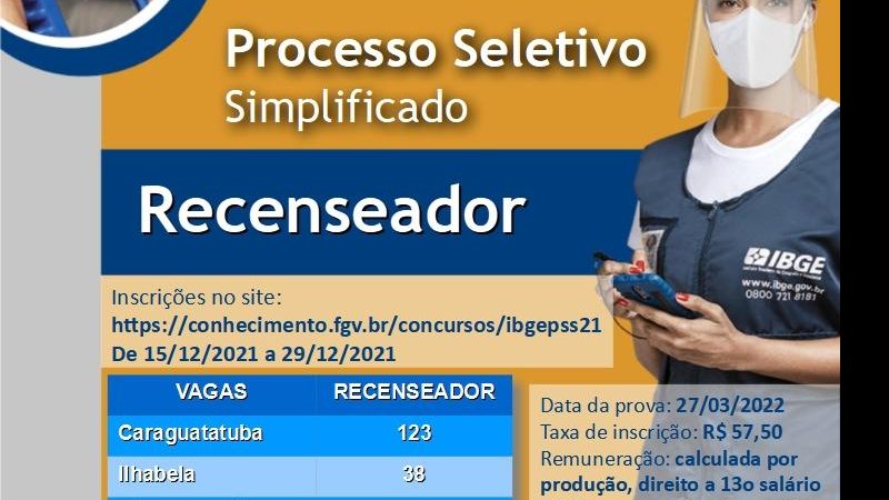 Em Caraguatatuba, são 123 vagas de recenseador para o Censo Demográfico de 2022 IBGE abre processo seletivo para trabalho em cidades do litoral Processo Seletivo do IBGE com uma mulher de máscara e uniforme ao lado direito - Divulgação/IBGE