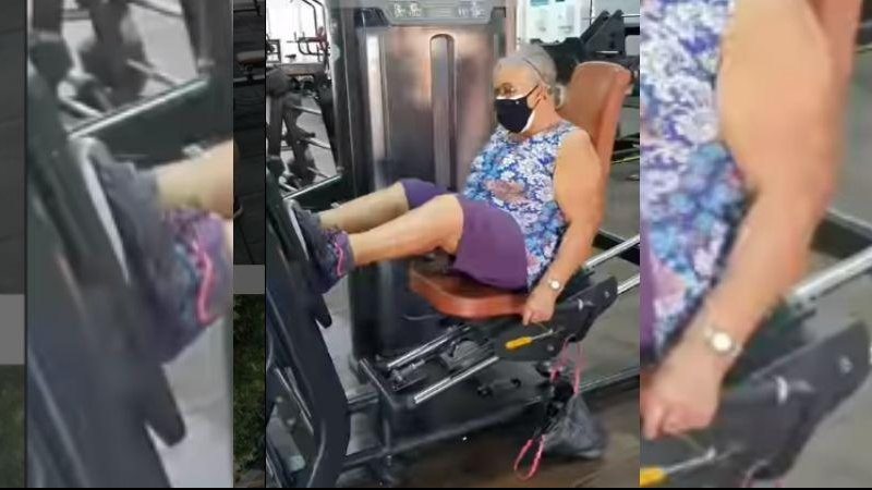 Dona Conceição tem 83 anos e faz diversos exercícios diários na academia Idosa na academia - Reprodução/Instagram