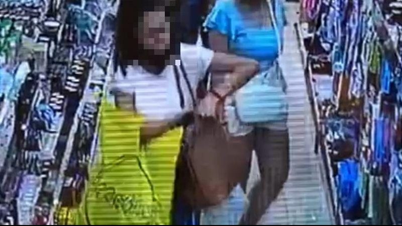 Câmeras de segurança registraram o furto Mulher furta loja no Centro de São Vicente e é flagrada Mulher com uma sacola e uma bolsa na mão, pegando objetos na loja - Reprodução Facebook