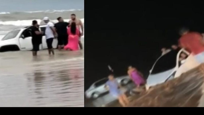 População se uniu para remover os veículos do mar Diversos carros foram levados pela maré Pessoas dentro do mar tentando resgatar um carro - TV Liberal/Reprodução
