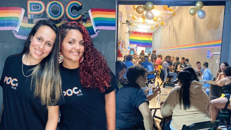 Gabriely (à dir.) e sua esposa e sócia Juscilene no Pocs Pub Casal de lésbicas inaugura primeiro bar gay da Baixada Santista Montagem, duas fotos: duas mulheres sorridente e várias pessoas em bar LGBTQIA+ - Imagem: Acervo Pessoal / Gabriely Dias