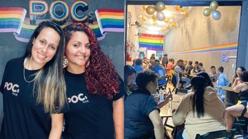 Gabriely (à dir.) e sua esposa e sócia Juscilene no Pocs Pub Casal de lésbicas inaugura primeiro bar gay da Baixada Santista Montagem, duas fotos: duas mulheres sorridente e várias pessoas em bar LGBTQIA+ - Imagem: Acervo Pessoal / Gabriely Dias
