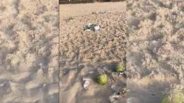 Mulher ressalta que filmou toda sujeira bem cedo, ao nascer do sol, em Praia Grande (SP) Lixo na praia Praia com lixo e sujeira como garrafa de vidro, bituca de cigarro e plástico - Arquivo Pessoal