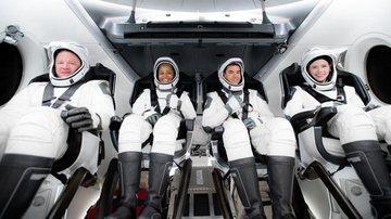 Neste ano os projetos de naves comerciais começaram a decolar Turismo espacial: 2021 entra para história com voos fora de órbita Quatro tripulantes a bordo de uma aeronave - Divulgação