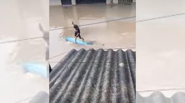 Apesar do tombo, garoto não se machucou Criança tenta surfar em alagamento, mas cai na água Menino tentando se equilibrar na prancha - Reprodução Youtube