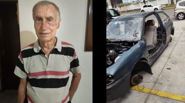 Antônio Guiomar, e seu carro destruído Idoso tem carro antigo vandalizado e caso comove Santos: “Usava para ir ao médico”, diz filha Montagem: Idoso e carro destruído - Imagem: Acervo Pessoal