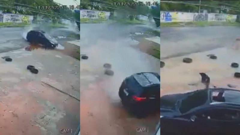 Carro desgovernado avança sobre floricultura no litoral de SP  Carro perdendo o controle - Imagem: Reprodução