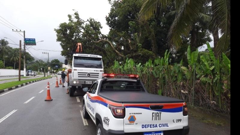Com as chuvas dos últimos dias, o Plano Preventivo da Defesa Civil, que terminaria 31 de março, foi prorrogado até o dia 3 de abril Defesa Civil de Ilhabela contabilizou 367,55 milímetros de chuva em março Carros da Defesa Civil retirando árvore caída - Divulgação