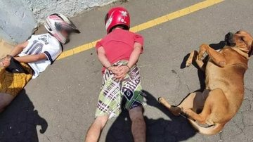 Ao pedir para os suspeitos deitarem no chão, o policial militar foi surpreendido com o cãozinho, que deitou ao lado dos indivíduos Cachorro caramelo deita no chão durante “enquadro” e viraliza na internet Cachorro deitado no chão ao lado dos infratores - Divulgação
