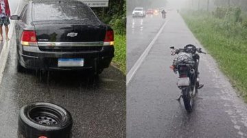 Motorista do carro confirmou que o pneu rolou para a outra pista e acabou atingindo a motociclista Acidente na Rio-Santos Moto ao lado direito e carro do lado esquerdo - Reprodução