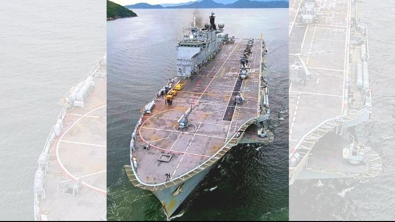 Não hhá previsão de abertura da embarcação para visitação pública Navio-Aeródromo da Marinha do Brasil está no Porto de Santos | VÍDEO Navio da Marinha do Brasil NAM Atlântico - Reprodução/Leandro Bastos