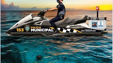 Cidade fará aquisição de motos aquáticas (jet-ski) que serão utilizadas pela Polícia Municipal São Sebastião (SP) apresenta projeto de policiamento marítimo jet-ski no mar com imagens da policia municipal - Arte: Prefeitura de São Sebastião