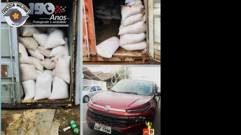 Farelo em veículo levou policiais a carga suspeita Farelo suspeito em carro leva polícia a esconderijo de carga roubada em Praia Grande Sacas de soja e carro vermelho - Imagem: Divulgação / 45º BPM da Polícia Militar