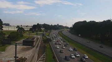 Quilômetro 28 da Rodovia dos Imigrantes (à esquerda, sentido litoral) Anchieta, Imigrantes - Anchieta e Imigrantes têm mais de 30 km de congestionamento no sentido litoral Rodovia congestionada - Imagem: Ecovias
