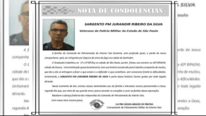 O Batalhão emitiu uma nota de condolências referente à morte do veterano sargento PM Jurandir Sargento morto Nota de pesar pelo sargento morto - Divulgação