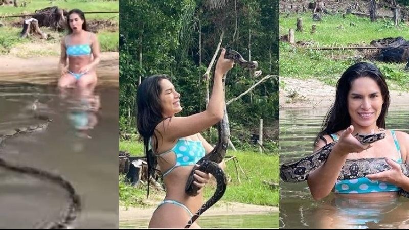 Banho inusitado foi uma brincadeira, pois, a serpente pertence à um amigo da moça Modelo toma banho acompanhada de jiboia: "no Amazonas é assim" Modelo com a cobra nas mãos - Reprodução