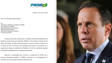 Em nota, o presidente nacional do PSDB esclareceu que Doria foi escolhido democraticamente em prévias nacionais realizadas em novembro de 2021 Após polêmica, presidente nacional do PSDB reafirma candidatura de Doria à Presidência Foto da carta emitida pela - Reprodução